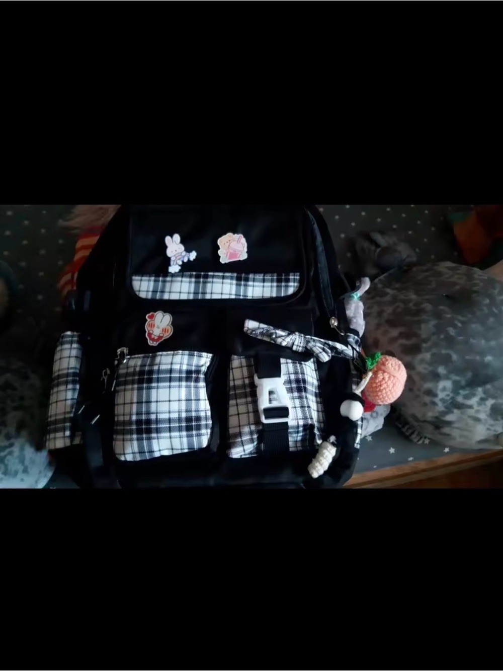 Kids Black Plaid Backpack with Cute Charms